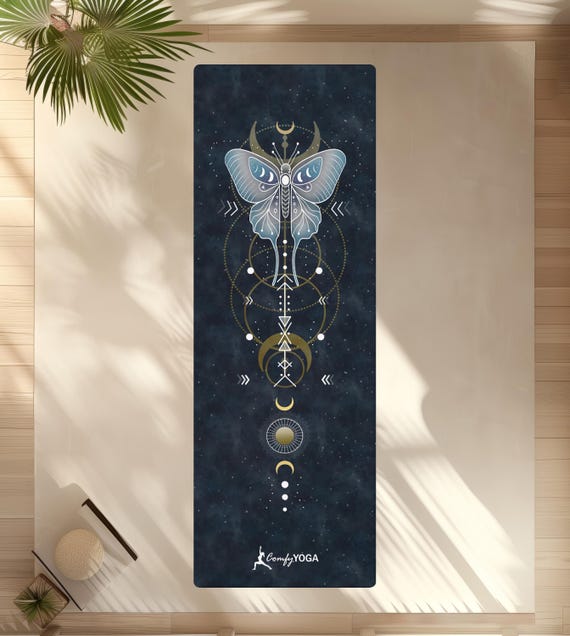 Luna Moth Yoga Mat - Celestial Boho Yoga Mat with Moon, Stars & Sacred Geometry, Witchy Spiritual Yoga Gift for Her, Soft Suede Non Slip Mat