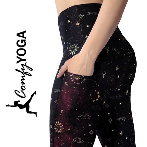 Celestial Yoga Leggings w/ Phone Pockets - High Waist Women's Pocket Leggings - Sun Moon Stars Galaxy Print Yoga Pants - Comfy Yoga Stardust
