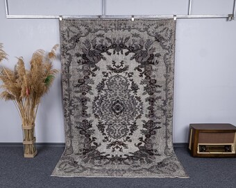 5.8x9.1 Vintage Turkish Handwoven Rug, 6x9 Neutral Gray Oushak Area Rugs, 6x9 Handmade Wool Anatolian Carpets