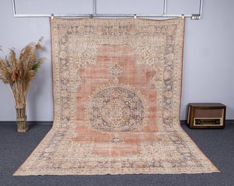 Handwoven Wool Rug, Pink Gray Oriental Design, Vintage Turkish Carpet (8.3x11.9 Ft)
