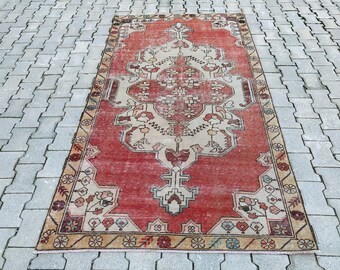 4x8 Turkish vintage rug, Oushak small Antique rug, nomadic bohemian turkish rug, pink tribal pastel rug, anatolian modern kitchen carpets