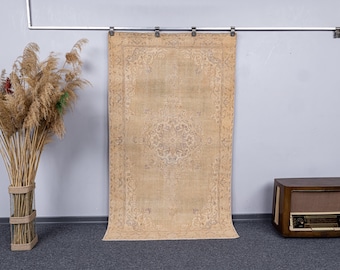 3.8x6.6 Handwoven Neutral Vintage Rug, 4x7 Beige Turkish Wool Area Rug, Anatolian Oushak Carpet