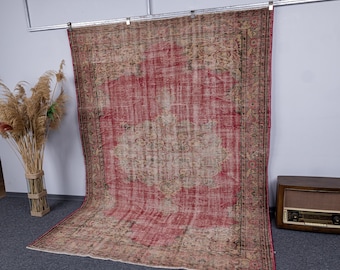 7x9.6 Vintage Turkish Handmade Red Rug, 7x10 Oversize Wool Area Rugs, Unique Oriental Antique Rug for Interior Design Carpet