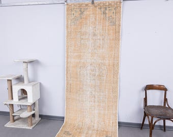 3x9 Turkish Decorative Kitchen Muted Turkish Runner, Neutral Vintage Antique Handmade wool Carpet
