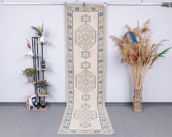 2.7x10 Oushak Handmade Vintage Runner, Antique Turkish 3x10 Neutral Long Area Faded Carpet