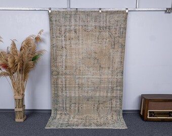 5x8 Vintage Oushak Rug: Green Brown Hand-Woven Wool Area Carpet (4.7x8.1 Ft)