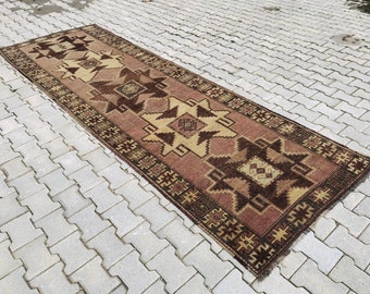3.8x11.8 Turkish Vintage Runner Rug, 4x12 Oushak Kitchen Bohemian Rugs, Hallway Pink Anatolian Carpets