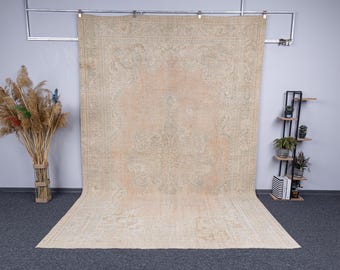 8.1x12.1 Vintage Turkish Oushak Rug, 8x12 Hand-Woven Wool Living Room Rugs, 8x12 Oversize Neutral Beige Pinkish Green Carpets