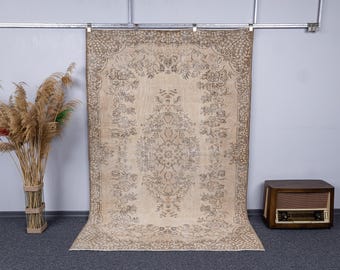 5.8x8.7 Vintage Turkish Handwoven Wool Rug, 6x9 Beige Brown Oushak Area Rugs, 6x9 Anatolia Neutral Bedroom Carpet