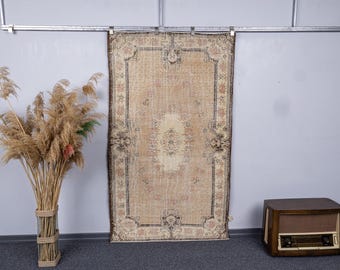 4x6.8 Handmade Neutral Vintage Small Rug, 4x7 Antique Turkish Muted Area Carpet