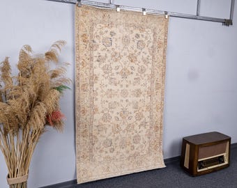 3.9x6.7 Vintage Turkish Neutral Area Rug, 4x7 Handmade Soft Wool Turkish Low Pile Carpets