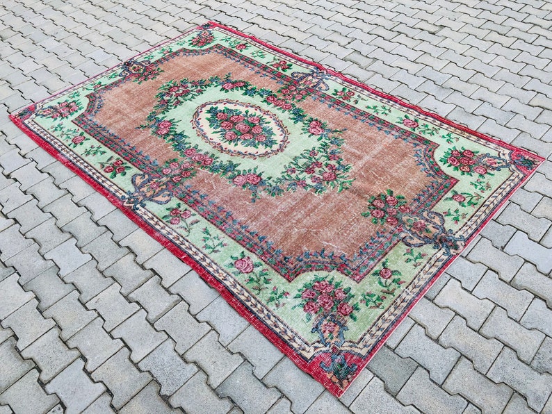 Turkish Decorative Area Rug 5.7 x 8.9 Feet Vintage Rug Oushak Rugs Bohemian Rug Floral Vintage Wool Rug Nomadic Rug Handwoven Rug image 4