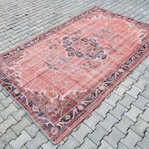 Turkish Rug Pink 6.2 x 9.9 Feet Oushak Pink Rug, Vintage Turkish Area Rug Boho Decor Distressed Rug, Pink,Decorative Rugs, Handmade Pink rug