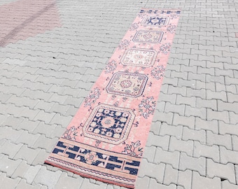 2.6x11.6 Vintage Turkish Oushak Runner Rug, Pink & Blue Handmade Wool Carpet