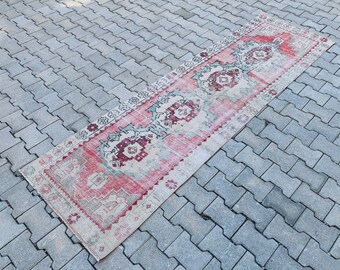Alfombra de pasillo de color rosa claro de 3 x 9 pies, alfombra de pasillo turca en tonos pastel, alfombra de pasillo Oushak vintage, alfombra de pasillo de cocina, alfombra de pasillo pálida de 2,6 x 9,2 pies