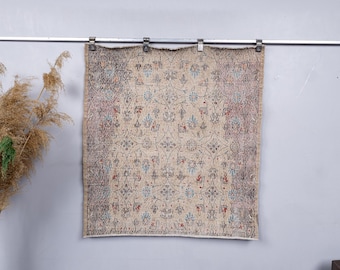 3.6x3.9 Square Neutral Small Doormat, 4x4 Turkish Bathroom Vintage Rug, Bohemian Handmade Wool Carpet