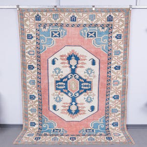 6x8 Oushak Area Rug, Turkish Vintage Rug 6x8, Pastel pinkish blue Rug, Handmade wool Rug, Rustic Living Room soft Rug, modern antique rug