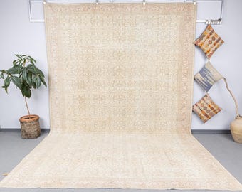 9x13.5 Vintage antiker großer türkischer Teppich, Oversize-Wollteppiche, handgefertigter Bereich, neutraler Oushak-Teppich, gedämpfter Schlafzimmer-Boho-Teppich