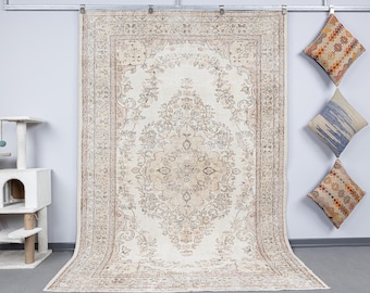 6x9 Vintage Turkish Low Pile Rug, 6x9 Neutral  Handknotted Wool Carpet