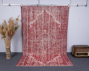 6.3x9.3 Vintage Turkish Red White Colors Rug, 6x9 Hand Knotted Wool Area Rugs, 6x9 Oriental Anatolian Home Decor Low Pile Carpet