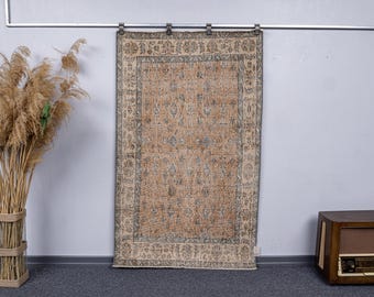3.6x5.9 Handmade Vintage Kitchen Small Rug, 4x6 Antique Turkish Neutral Area Muted Carpet