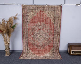 5x8 Vintage Red Wool Oushak Rug, Hand-Knotted 1960s Turkish Carpet, 5.4x8.3 ft