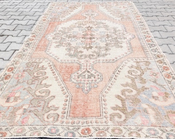 4x7 antique Farmhouse Rug, Bohemian Oushak Bedroom Rug, Vintage 4x7 Turkish Rug, Cool Rug, small Rug with pink Patterns