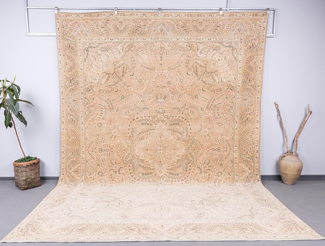 10x12 Neutral Pale Rug, Vintage 10x12 Turkish Rug, Oversize Oushak Rug ...