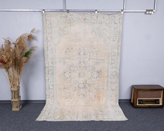 6x9 Vintage Handwoven Beige Blue Oushak Rug, Muted Wool Area Carpet (5.7x8.8 Ft)