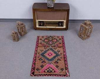 トルコ製ヴィンテージラグ41×76cm玄関マットドアマット 2x3 トルコ風ピンク色の玄関マット、2x3 玄関マット ヴィンテージ ラグ