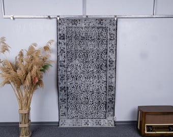 3.6x6.8 Handmade Vintage Turkish Rug, 4x7 Neutral Area Black White Area Faded Carpet