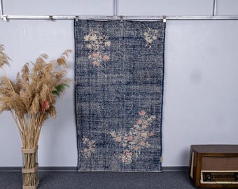 3.8x6.7 Blue Vintage Turkish Medallion Rug, 4x7 Handmade Wool Entryway, Bedroom Oriental Floor Carpets