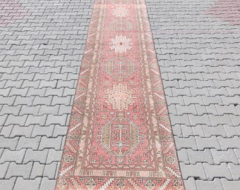3.2x14 Neutral Turkish Handknotted Vintage Runner, 3x14 Hallway, Kitchen Medallion Pattern Oushak Floor Carpet