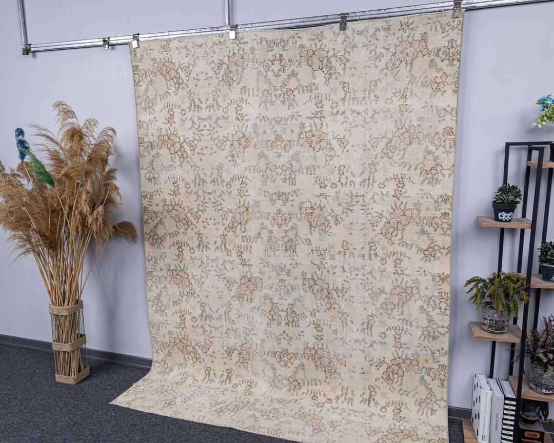 6x8 Handmade Floral Pattern Wool Rug, 6x8 Oushak Neutral Large Carpets ...