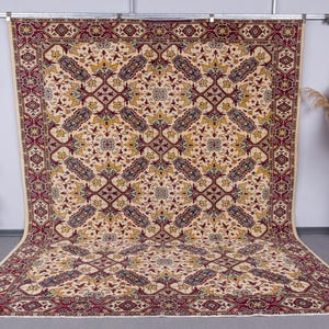 9x11 Vintage Rug, 9x11 Red Yellow cream oversize Area Rug, Floral Turkish area Rug, 9x11 Wool carpets, Gift Rugs For halloween