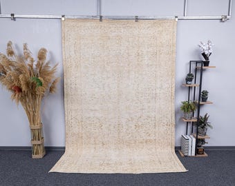 5.7x8.7 Vintage Turkish Area Rugs For Bedroom, 6x9 Oriental Neutral Handmade wool carpets