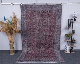 Pastel Vintage 6x9 Hand Knotted Turkish Rug, 6x9 Bohemian Oushak red gray Rugs for Entryway, Office, Living Room, 5.7x9.2 handmade carpets