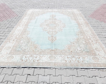 8.6x12.3 Oversize Vintage Homedecor Rug, 9x12 Antique Bohemian Wool Area beige blue medallion Carpet