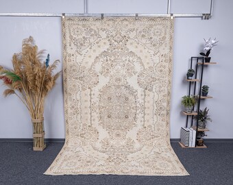 6x10 Handwoven Turkish Wool Rug, Beige Brown Neutral Vintage Area Carpet (5.9x9.6 Ft)