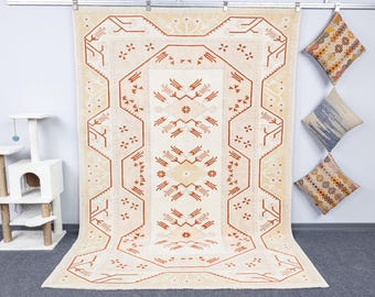 6.5x9.4 Turkish Wool Rug, 7x9 Neutral Modern Soft Bohemian Decorative Carpets