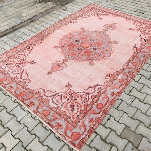 7x10 pink turkish rug ,vintage turkish light pink area rug, nomadic rug, oushak pink  nursery distressed rug, tribal rug, Salmon pink carpet