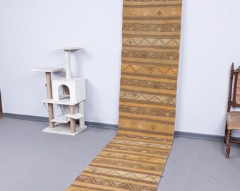 2.5x12.6 Hallway Turkish Area Corridor Runner, 2x13 Vintage Oushak Cotton Kilim, Handmade Wool Traditional Striped Carpets