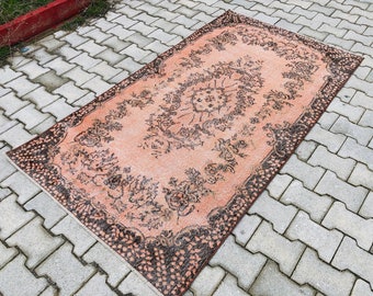 3.7x6.7 Vintage Handmade Turkish Rug: 4x7 Pinkish Oushak Wool Rugs, 4x7 Anatolian Bedroom Oriental Carpets