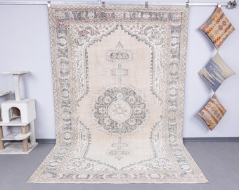 6.5x10 Antique Turkish Wool Rug, 7x10 Oversize Muted Beige Blue, Handmade Carpet