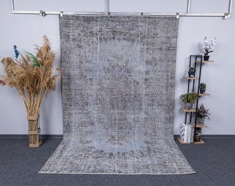 6x10 Oversize Vintage Turkish Oushak Rug: Hand-Knotted Wool Blue Brown Neutral Carpet