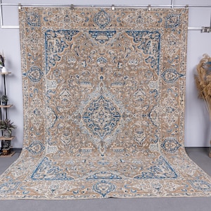 9x12 Vintage Neutral Area Rug, 9x12 Extra Large Area Rug, 9x12 Oversize muted carpets, Handmade Wool Rug, 9x12 Traditional cotton Rug