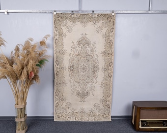 3.8x6.8 Handwoven Neutral Vintage Rug, 4x7 Beige Turkish Wool Area Rugs, Anatolian Oushak Carpet