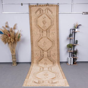 4x13 oversize Runner Rug, 4x13 Oushak muted Runner rug, Vintage neutral runner, 4x13 pale Kitchen Runner, 4x13 Turkish area Soft Runner Rug