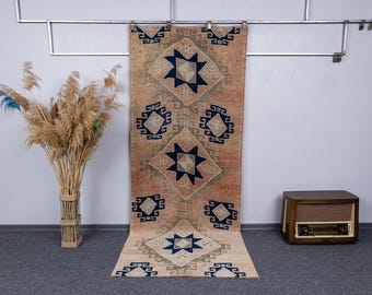 3.7x9.3 Neutral Vintage Handmade Runner Rug, 4x9 Faded Turkish Kitchen, Hallway Carpet