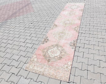 2.7x12.9 Handmade Turkish Pink Brown Oushak Runner Rug, Vintage Hallway Home Decor (3x14)